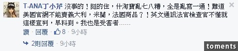 丁小芹PO文下方留言中嗆法官和檢察官不懂英文。（圖取自T-ANA丁小芹臉書）
